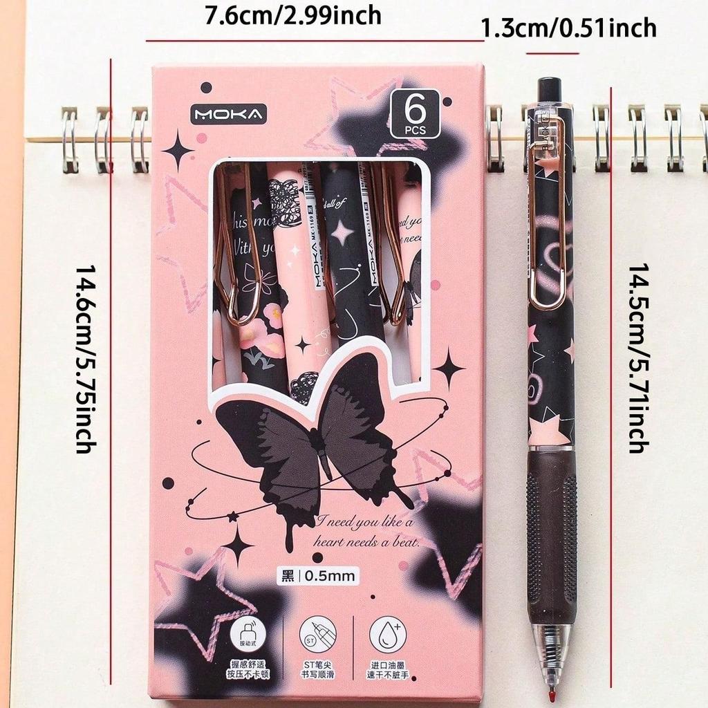 6pcs Butterfly Gel Pen Set 0.5mm Black Ink Flower Rose Sweet Ballpoint Pens for Writing Student School Supplies