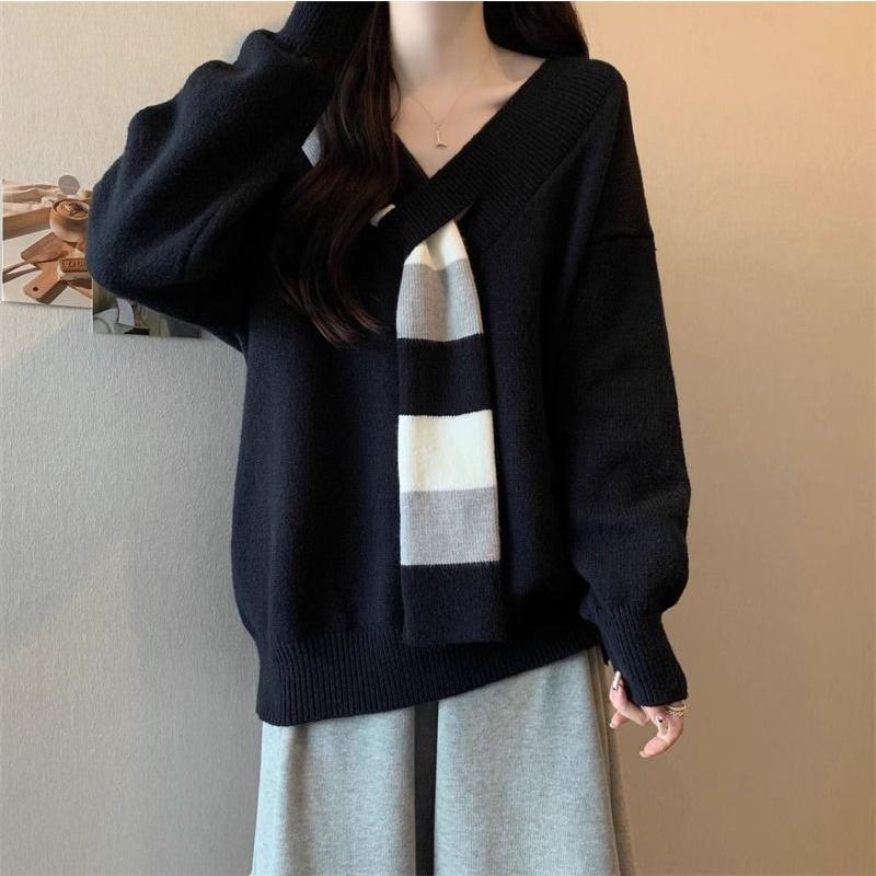 Bequemer und warmer V-Ausschnitt Strickpullover für Damen Herbst- und Frühlingsoutfits