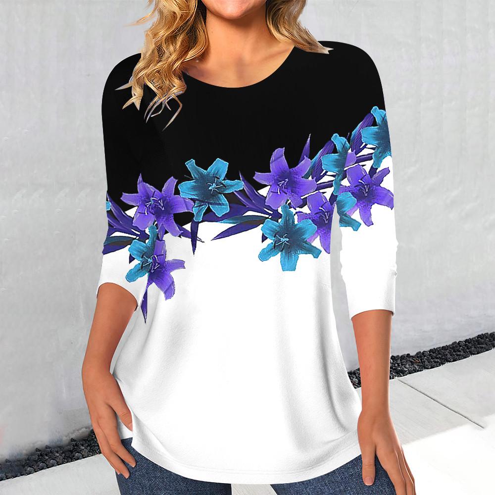 Women's Casual Rose Print T-shirts Elegant Fashion Clothes Streetwear Vintage Long Sleeve Loose Tops