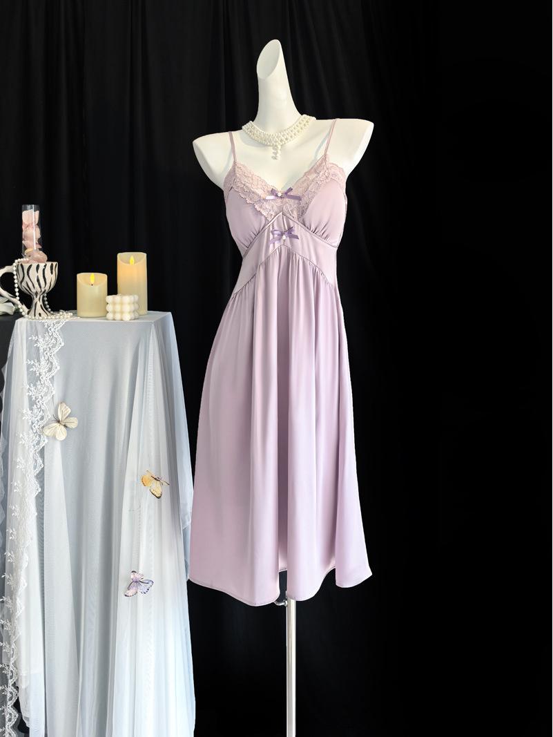 Slimming High-Waisted Slip Dress with Built-in Bra: 2026 Spring/Summer Lace Ice Silk Pajamas M