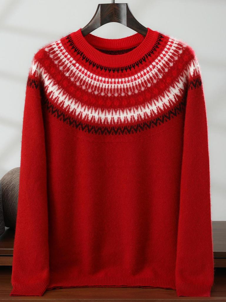 Men's Fair Isle Knit Cashmere Sweater - Round Neck, Retro Jacquard, Soft & Skin-Friendly, Thickened Design, Trendy Style