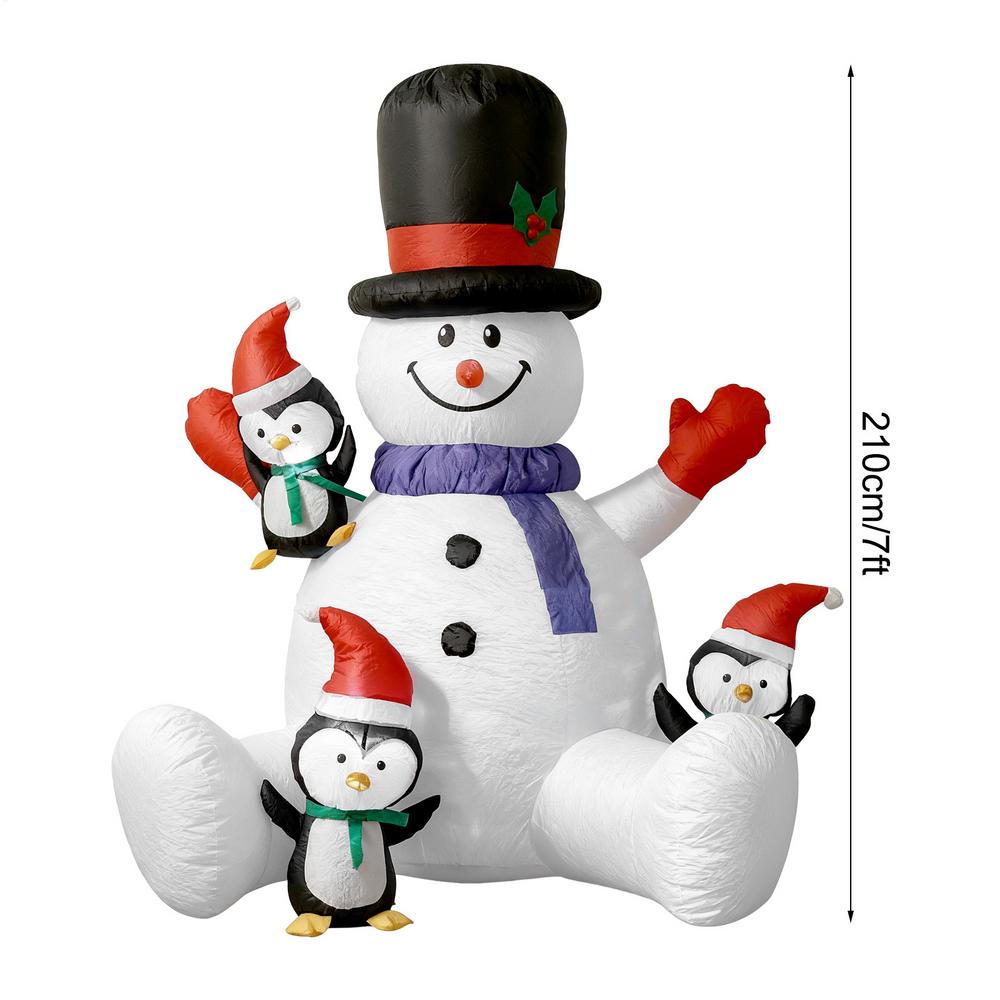 Christmas Snowman Inflatable RGB LED Lights Inflatable Holiday Decoration With 3 Penguins Blow Up Christmas Sitting Snowman For