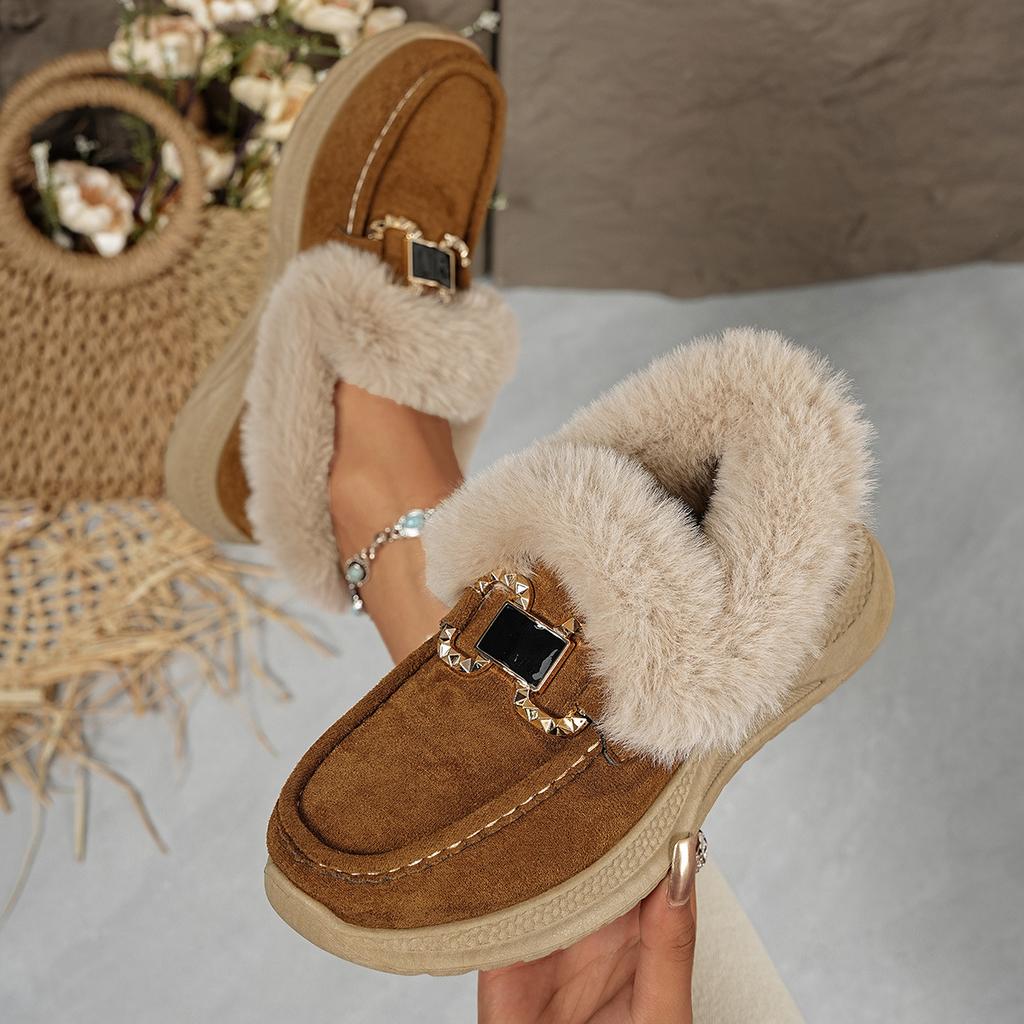 Winter New Metal Buckle Fleece Cotton Shoes Women's 2025 Plus-size Thick-soled Warm Fur Sneakers