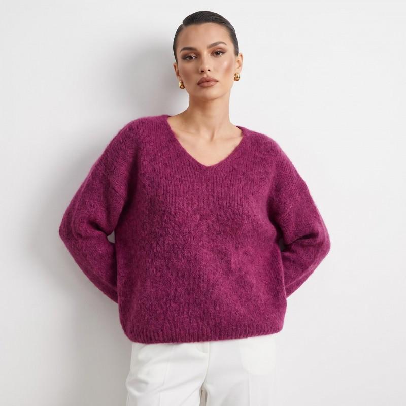 2026 Womens V-Neck Loose Knit Sweater Soft Alpaca Blend Fall Winter Oversized Pullover Top