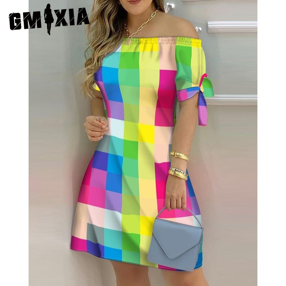 GMXIA Women Fashion Off Shoulder Dress Short Sleeve Bow Tie Print Dresses Summer Beach Dresses Plus Size