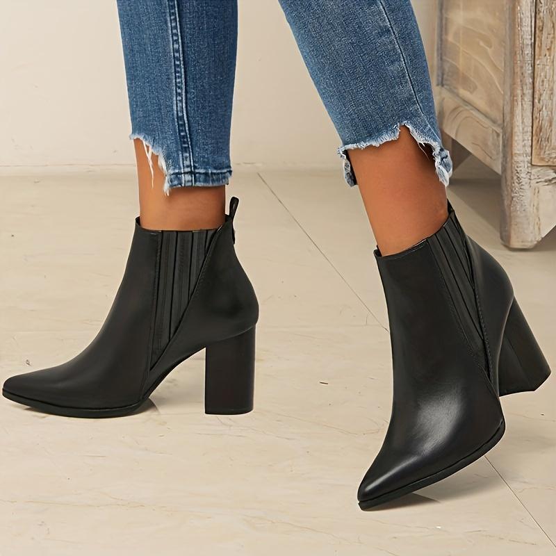 Women's Solid Color Trendy Boots, Slip On Casual Chunky Heel Ankle Boots, Point Toe Chelsea Boots