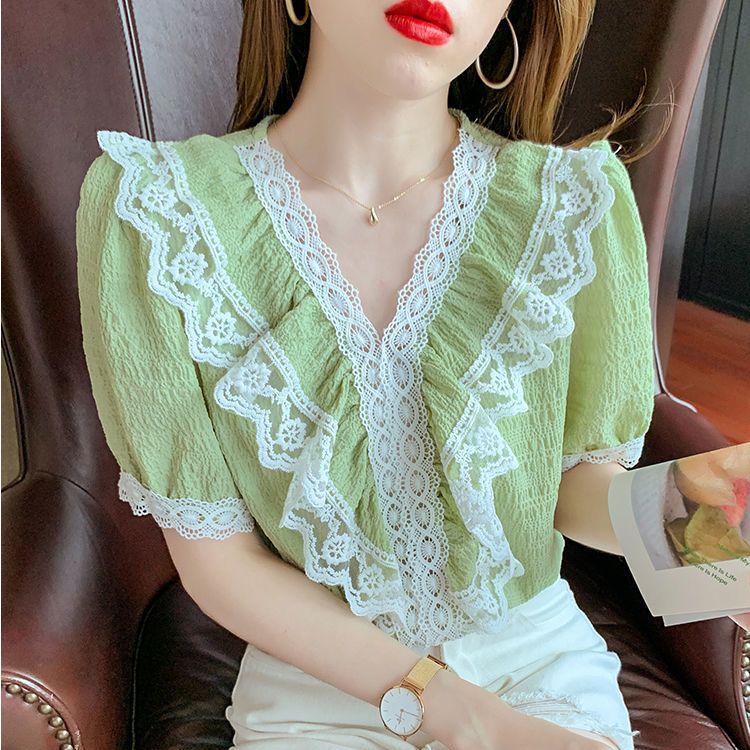 V Neck Lace Blouse Summer Fashion Flounce Short Sleeve T Shirt Women Trendy Youthful Top