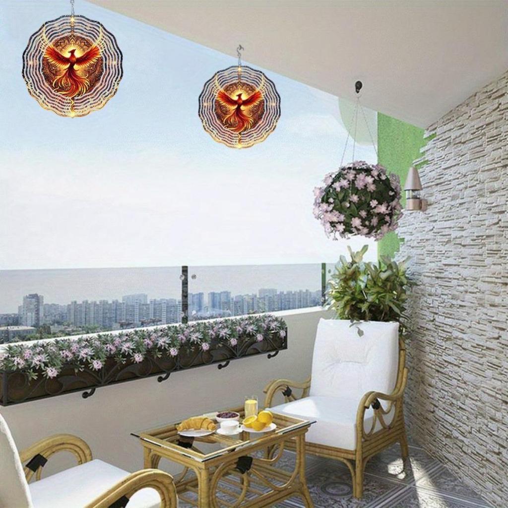 Phoenix Wind Chime Outdoor Indoor Decor Golden Red Feather Design Metal Hanging Ornament for Halloween Christmas Thanksgiving Holiday