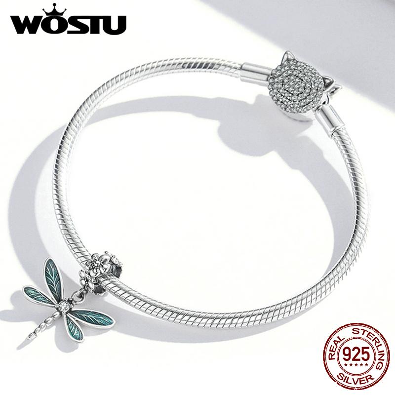WOSTU 2021 925 Sterling Silver Flower Gorgeous Dragonfly Insect Pendant Charm Beads Fit Original Bracelet DIY Jewelry CTC521