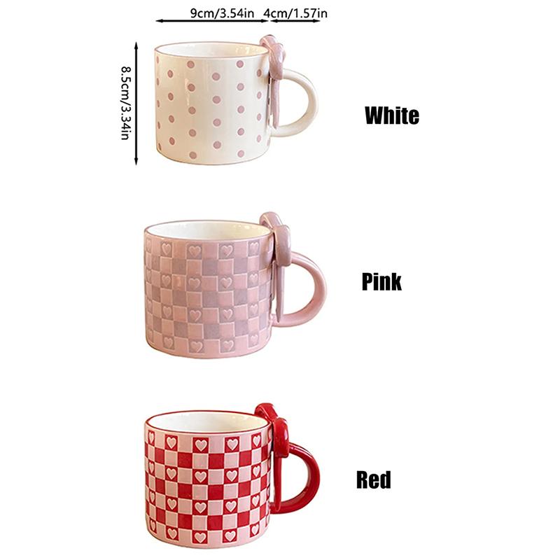 1Pieces Bow Handle Heart Ceramic Mug Creative Bow Handle Design Checkerboard Pattern Mug Coffee Cup Outdoor Tableware