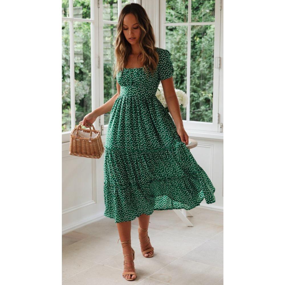 Women's Fashion Summer Spring Floral Print Short Sleeve Square Collar High Waist Casual Dresses