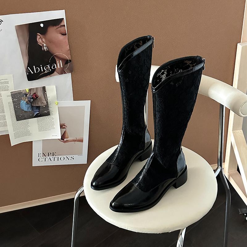 Designové krajkové vyřezávané dámské kozačky ke kolenům Módní úzké boty na silném podpatku Letní dámské prodyšné dlouhé kotníkové boty
