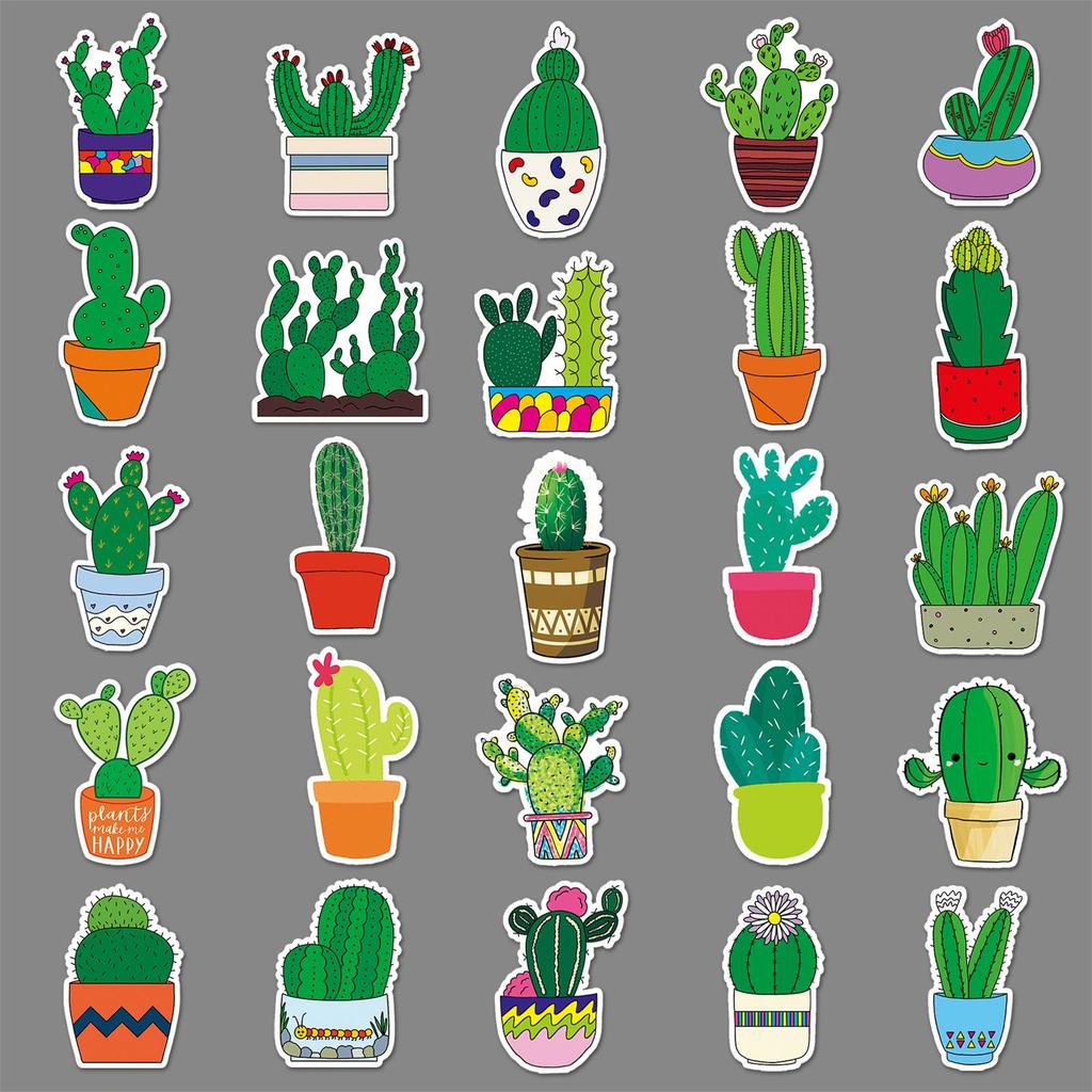 50 Cactus Cartoon Stickers - Waterproof Decals for Laptops, Scooters, Cars, and Motorcycles