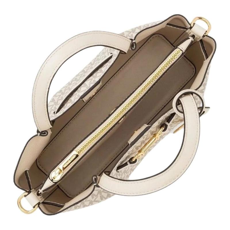 Michael Kors Carson Detachable Shoulder Strap Branded Logo Print Charm Coated Canvas Handbag Small Women's Beige