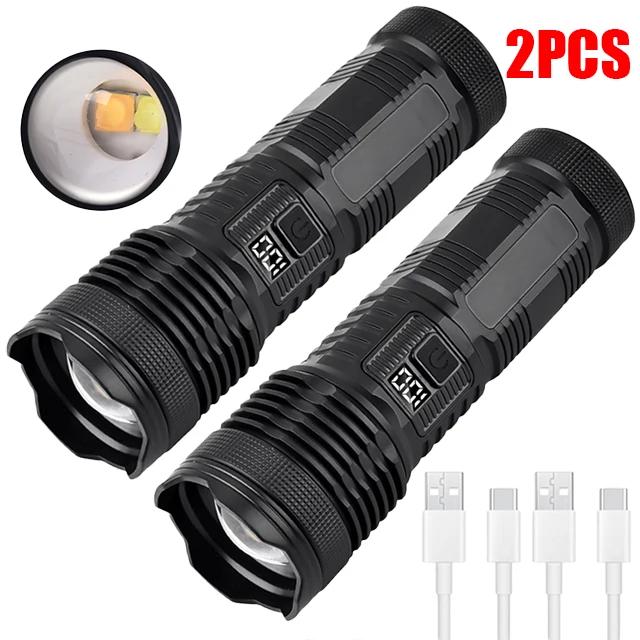 Outdoor Portable Zoom LED Flashlight Type-c Rechargeable Torch with Power Display Strong Light Camping Fishing Emergency Lamp