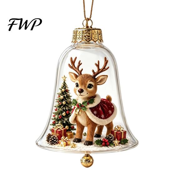 Clear Acrylic Christmas Ornaments 3D Bell Ornament, Winter Scene Decoration with Santa Immersive Wonderland Snowman Reindeer Angel Tree Inside