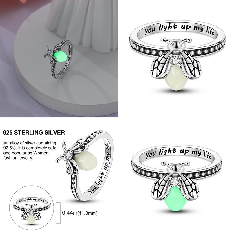 New S925 Sterling Silver Ring Women Eternal Love Dewdrop Stone Glow-in-The-Dark Firefly Ring Fashion Engagement Wedding Jewelry