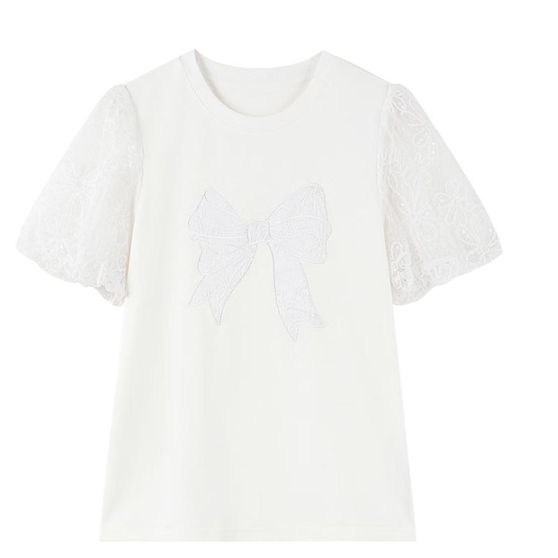 Women s Summer Lace Bow Puff Sleeve T-Shirt L