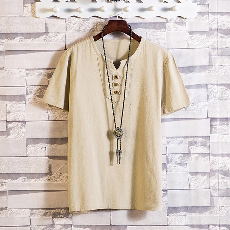 Pánské retro lněné tričko s V-výstřihem pro volný čas na léto