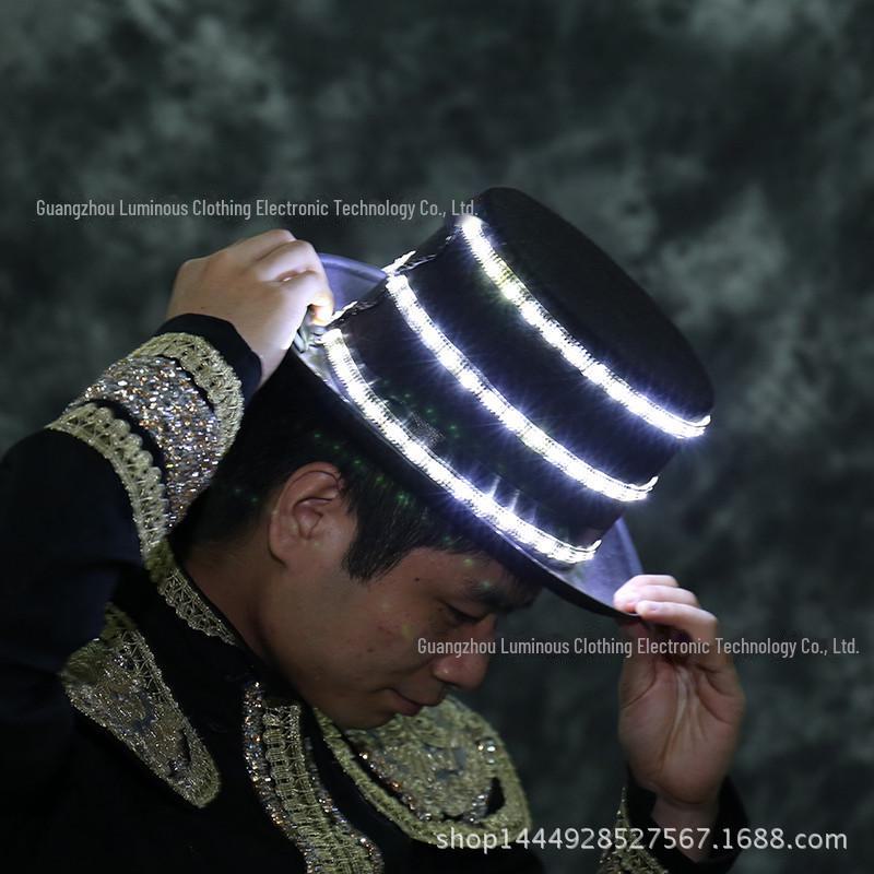 LED Jazz Hat with Diamonds: High-Brightness White Light Top Hat for Dance Parties, KTV, and Bars, Battery Operated
