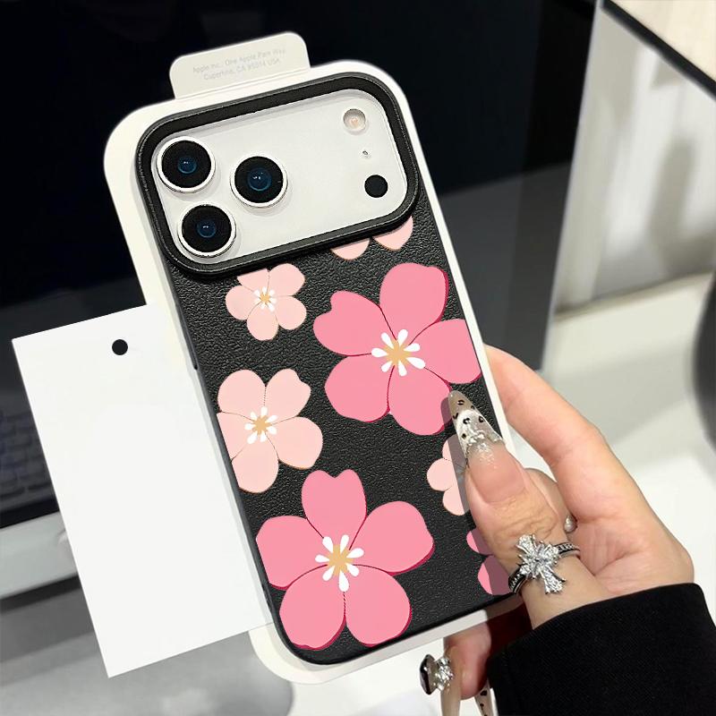 Fresh Style Cherry Blossom Pattern Case For iPhone 17 Pro Max Leather Texture Soft Silicone Cover For iPhone 16 15 14 13 Pro 12 11 16E Air