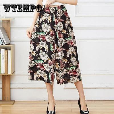 Women Spring Summer Autumn Large Size Elastic High Waist Wide Leg Culottes Loose Casual Floral Printed Thin Cropped Pants