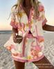 Summer European and American Women's Clothing Bamboo Hemp 1D Digital Printing Short-sleeved Shirt Beach Shorts Casual Two-piece Set