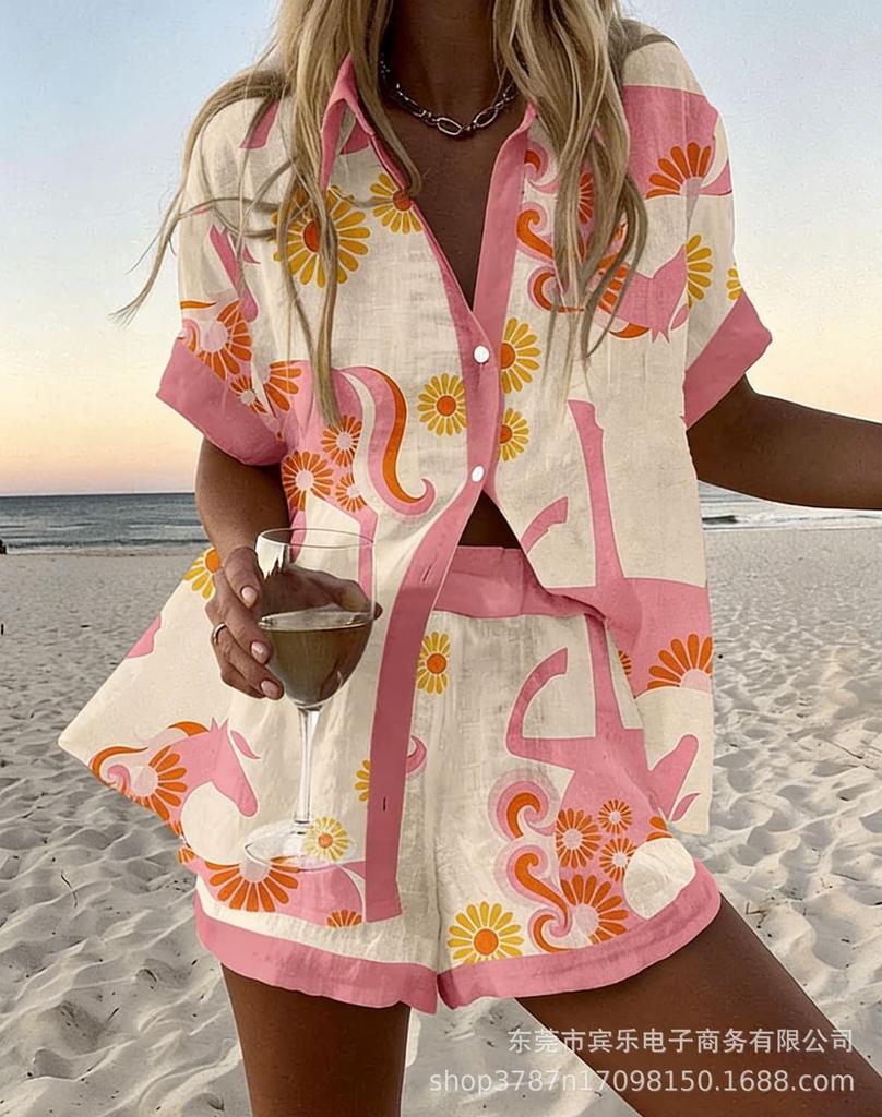 Summer European and American Women's Clothing Bamboo Hemp 1D Digital Printing Short-sleeved Shirt Beach Shorts Casual Two-piece Set