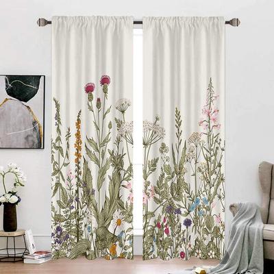 Green Leaves Curtains for Living Room, Floral, Botanical Printed Panel, Wild Flower, Tulip Plant, Ivy Herbs, Rustic Window Drape