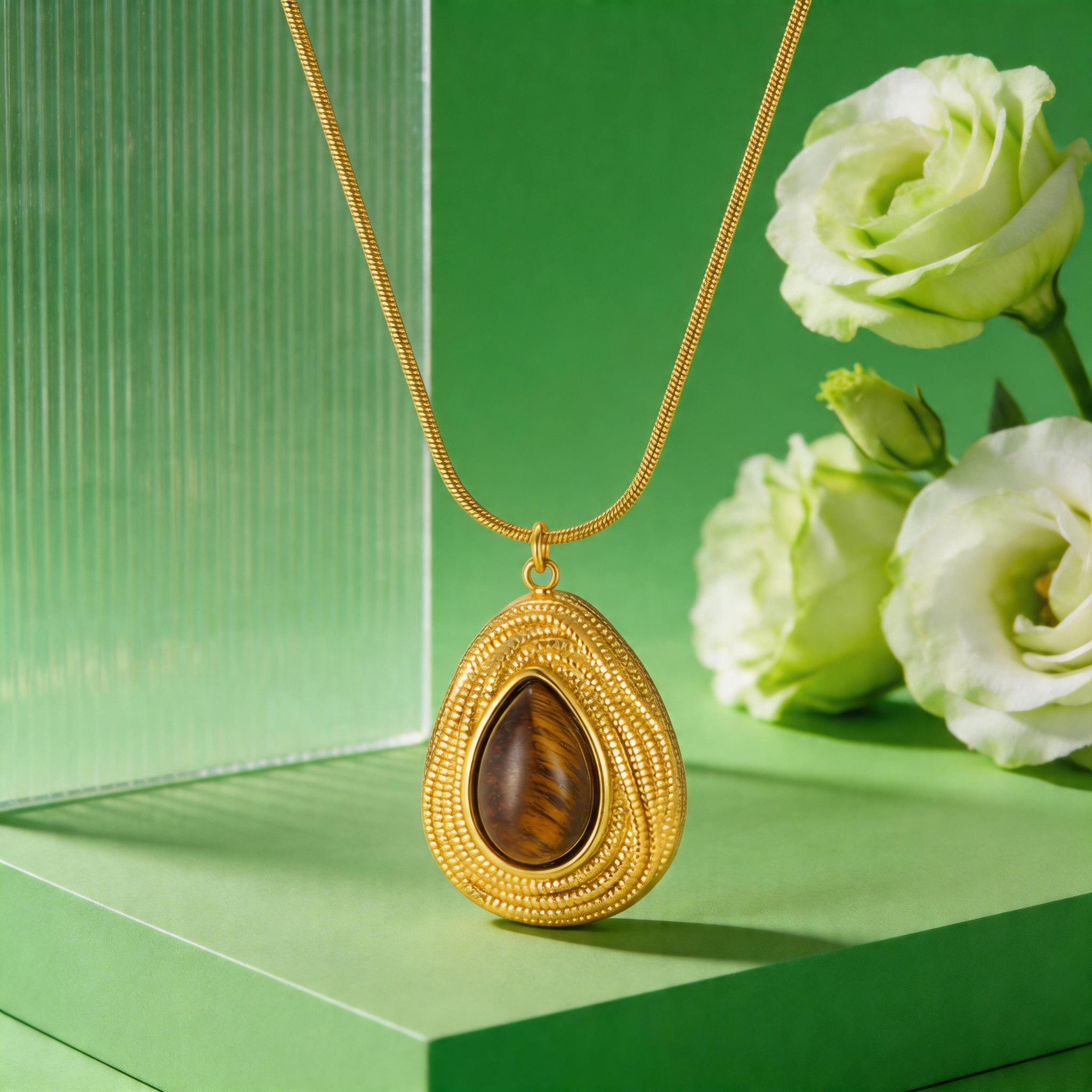 

Luxurious Natural Stone Pendant Necklace for Women Stainless Steel Geometric Tiger s Eye Necklaces Fine Party Jewelry Gifts