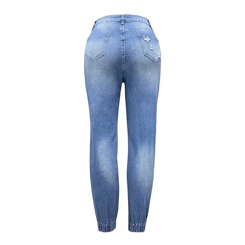 Fashion Alphabet Print Stretch Leg Pencil Jeans Women Trend Broken Holes Denim Pants Female Slim Mid Waist Button Chic Trousers