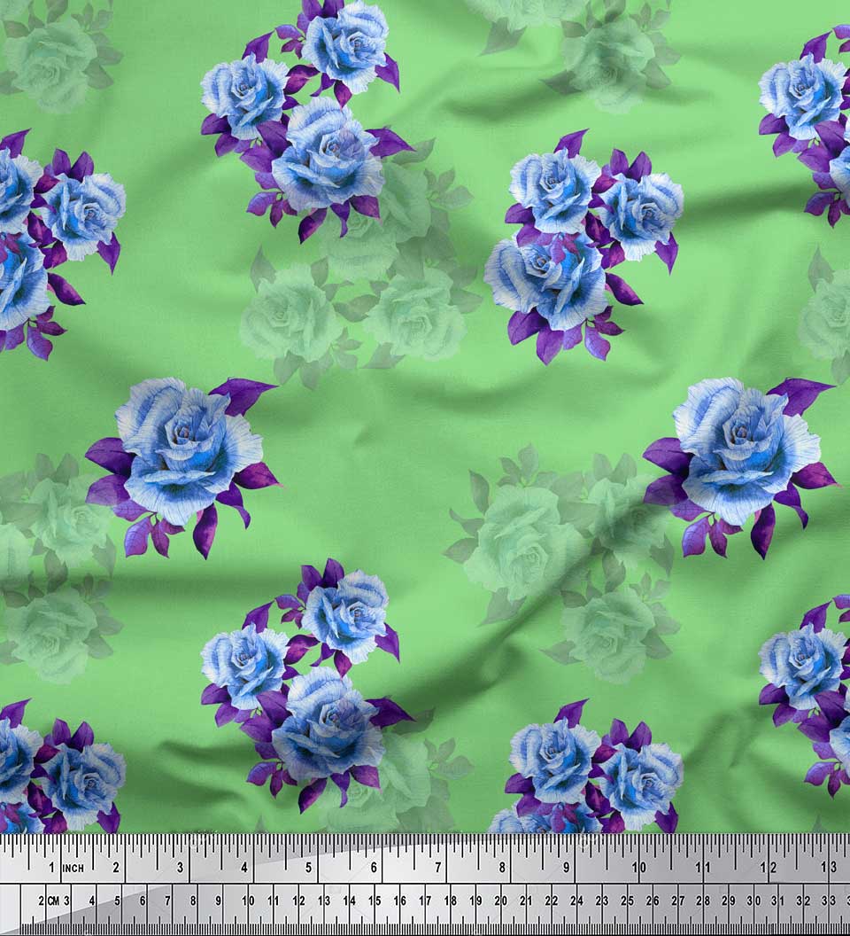 

Тканина для рукоділля Soimoi Blue Japan Crepe Satin Leaves & Alba Rose Тканина для рукоділля з квітковим принтом на метри 42 дюйма 42 Inch Wide - Poly Crepe зелений