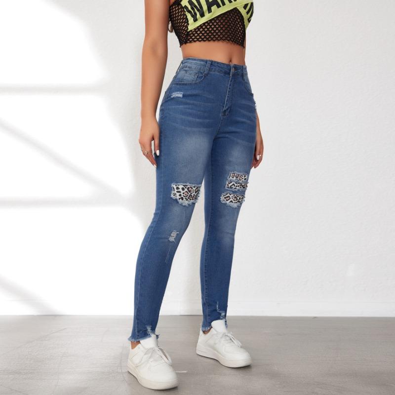 Spring new ripped leopard print patch slim and thin mid-waist washed small feet jeans women