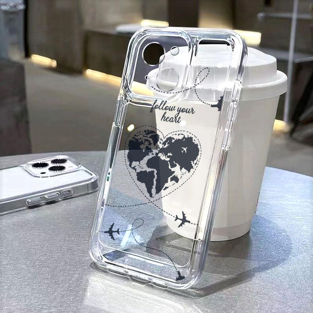 Heart Shaped World Map with Planes Lucency Phone Case for IPhone 14 15 16 13 12 11 17 Pro Max 12 13 Mini Soft Cover