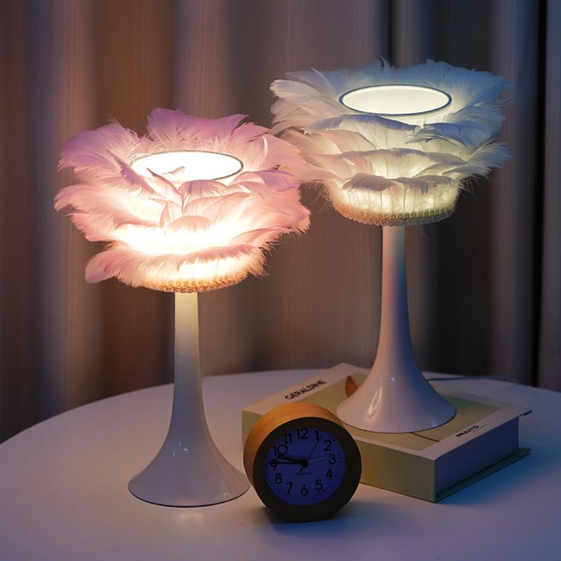 Warm Nordic Small Table Lamp, Bedroom, Bedside Romantic and Creative Feather Lamp, Small Night Lamp, Ins Girl