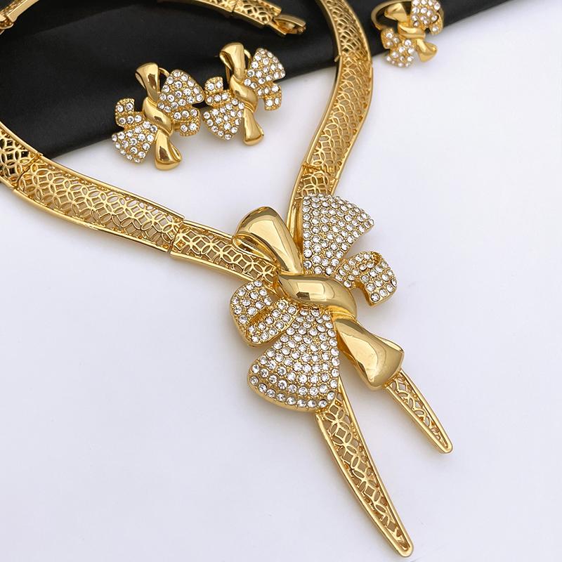 Italy 18k Gold Plated Women Zircon Set Classic Design Bowknot Necklace Earring Bracelet And Ring 4PCS Set Zircon Wedding Party