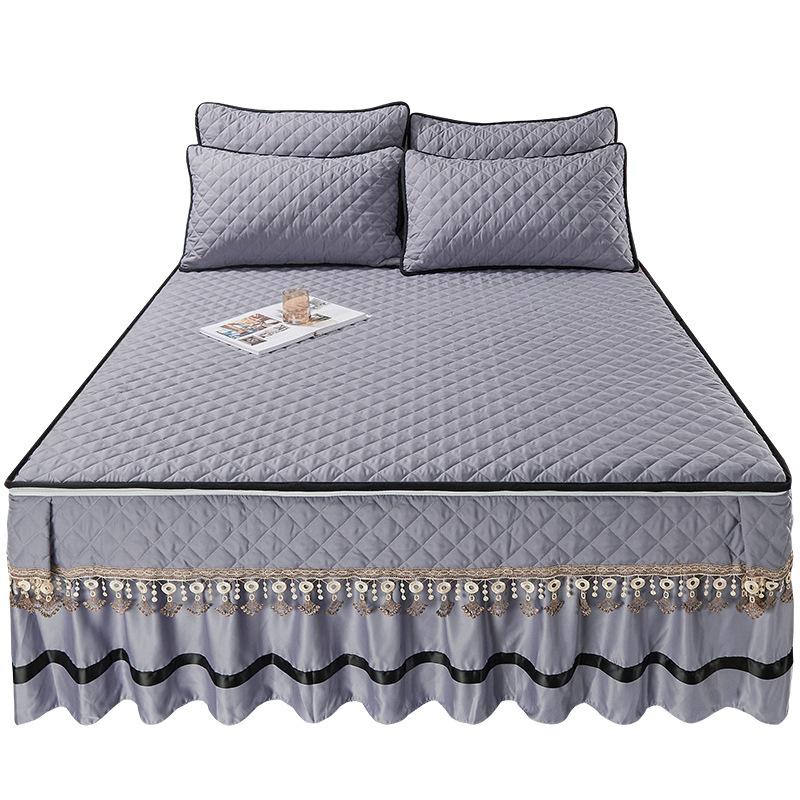 Seaweed Cotton Quilted Bed Skirt One-Piece Thickened Warm Removable Lace Bedspread Brushed Mattress Cover Three-Piece Set