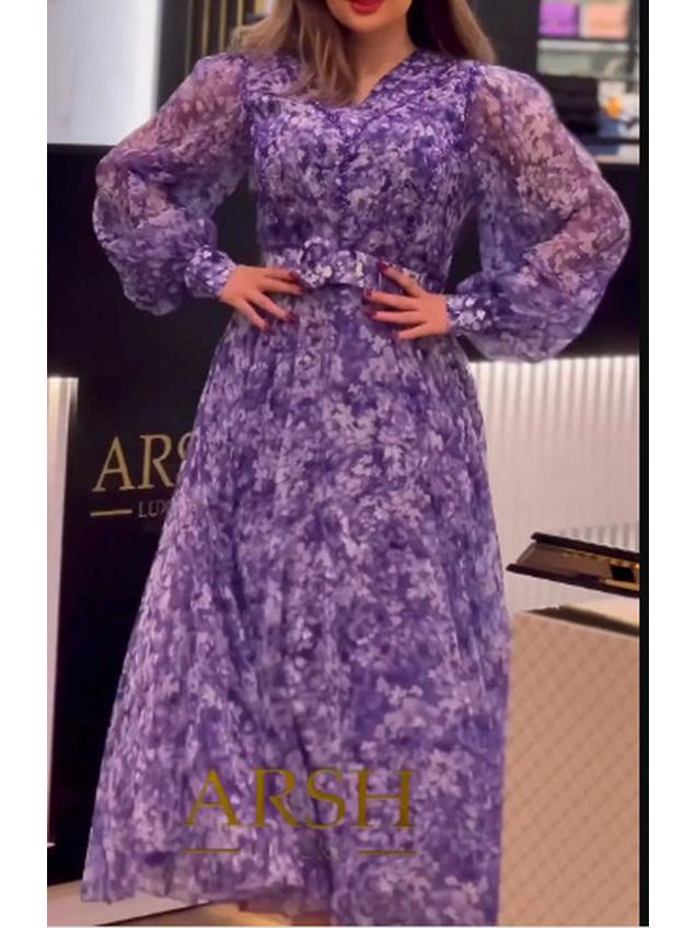 

2024 V-Neck Long Sleeve Plus Size Trendy Dress for European and American Fashion M фіолетовий