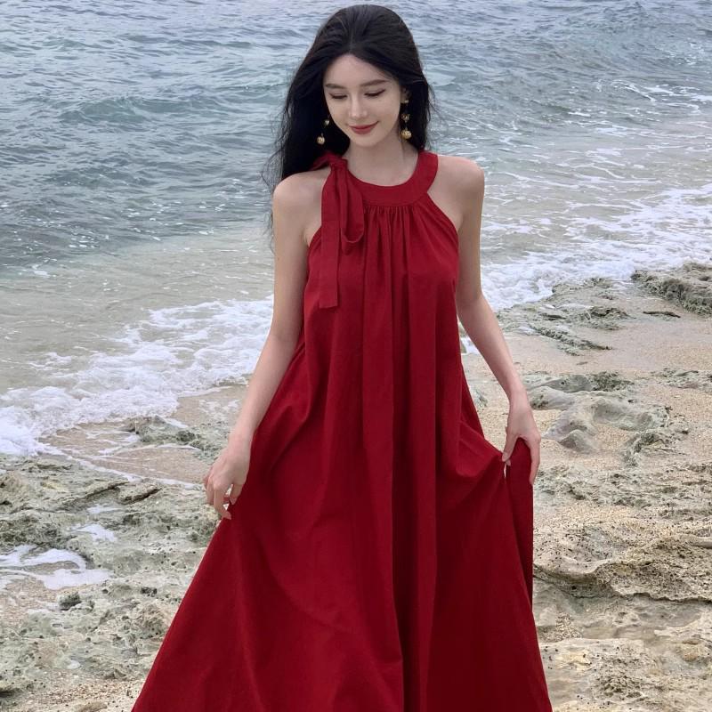 Vintage French-Chinese Red Halter Dress: Women's Summer Beach Swing