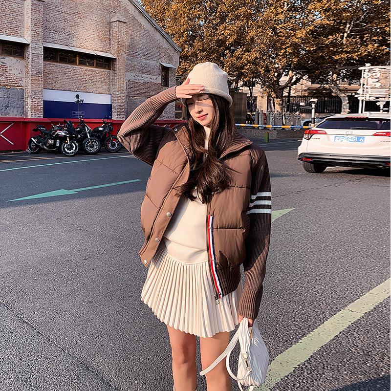 New Ladies Knitted Sleeves Cotton-padded Jacket Autumn and Winter Short Collar Cotton Coat