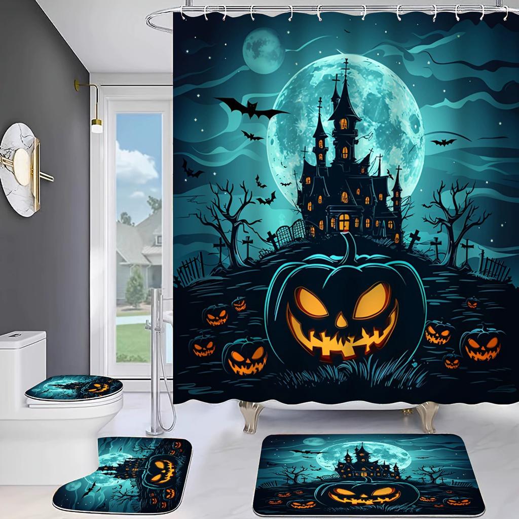 Hot 4Pcs Halloween Shower Curtain Set with 12 Hooks & Toilet Mat, Spooky Bat Ghost Print Waterproof Bathroom Decor for Housewarming