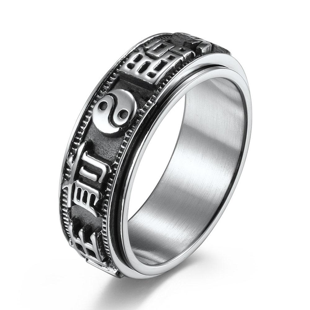 Retro Men s Nine-word Mantra Ring Stainless Steel Niche Rotatable Anxiety Relief Rings 6 серебряный