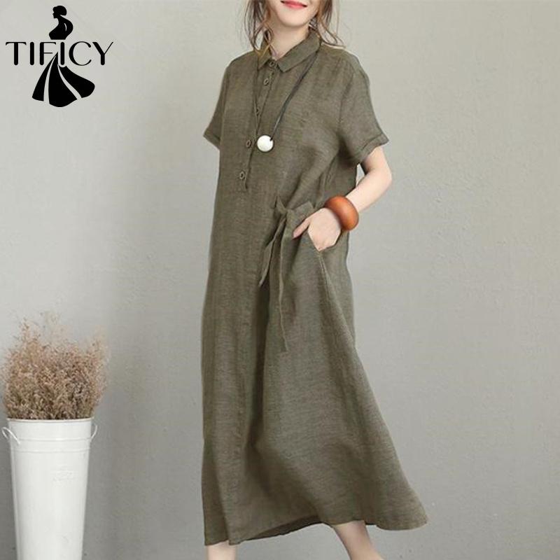 TIFICY Vestiti casual da donna alla moda, estivi e primaverili, tinta unita, a maniche corte, con scollo a V, larghi e con vita ampia