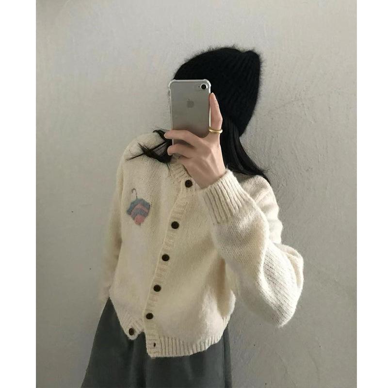 American Personalized Embroidery Pattern Round Neck Long Sleeve Knitted Cardigan Women'S Autumn And Winter Loose Casual Sweater Jacket