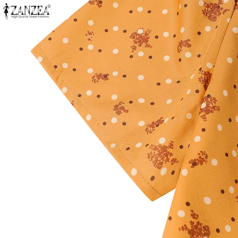 ZANZEA Women Lace Splice Square Neck Casual Short Sleeve Print Dress