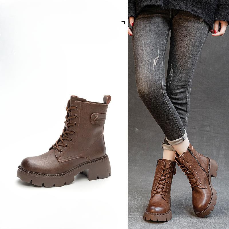 Scarpe Autunnali Stivali da Donna a Metà Polpaccio con Suola Spessa e Punta Rotonda con Tacco Chunky Retro e Versatili