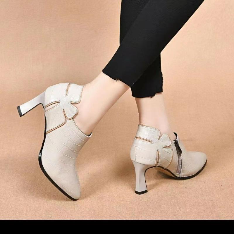 Side Zip Block Heel High Heels Women's Autumn Fashion Pointed Toe Printed Non-Slip Wear-Resistant Single Shoes