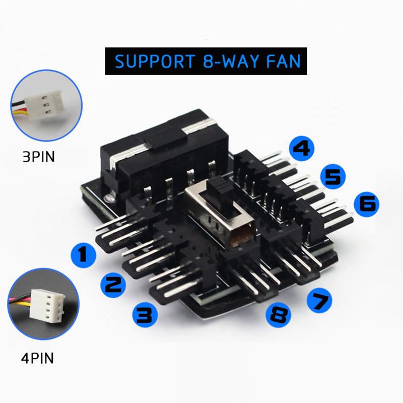 1 to 8 3Pin Fan Hub Pwm Sata Molex Splitter PC Mining Cable 12V Power Suppply Cooler Cooling Speed Controller 4PIN Adapter