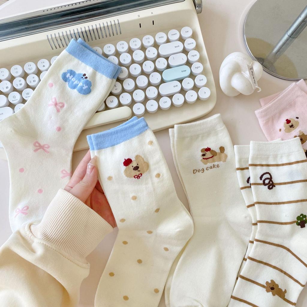Cartoon Socks Medium Tube Socks Tide Spring And Autumn Cute College Style Bow Polka Dot Puppy Striped Socks