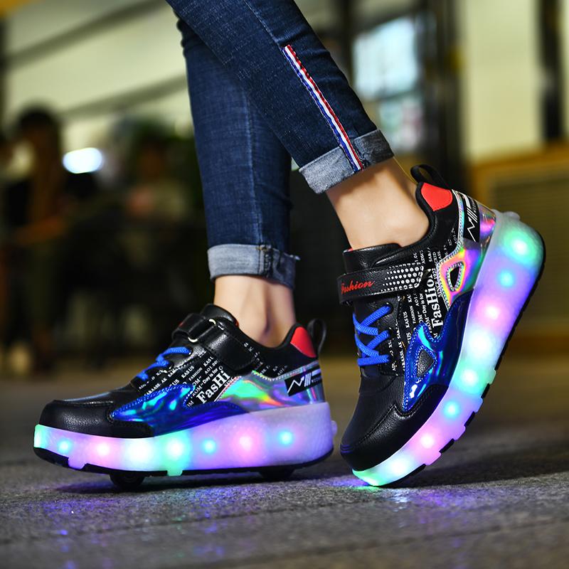 27-43 Detachable Wheel Boys/Girls Double Wheel Luminous Sneakers Can Be Charged Sneakers for Skating Kids Roller Skating Boots